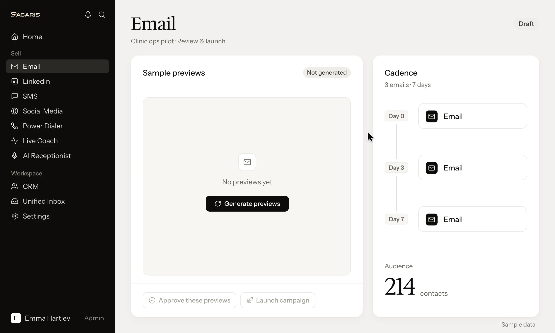 SAGARIS Email: a campaign's Review & launch screen with sample previews ready to generate and a three-step email cadence for 214 contacts (sample data).